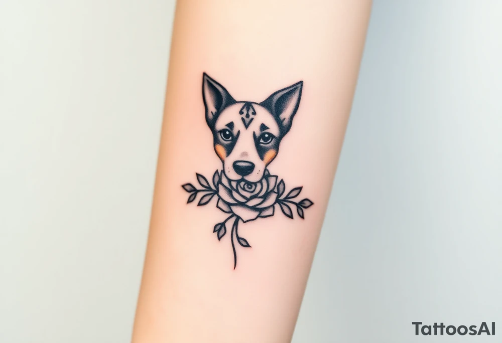 Cute female  large hound dog mix Brindle dog with the name kiwi . And a tiny rose around her . With her ears pointy a little big tattoo idea