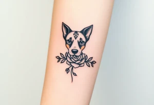 Cute female  large hound dog mix Brindle dog with the name kiwi . And a tiny rose around her . With her ears pointy a little big tattoo idea
