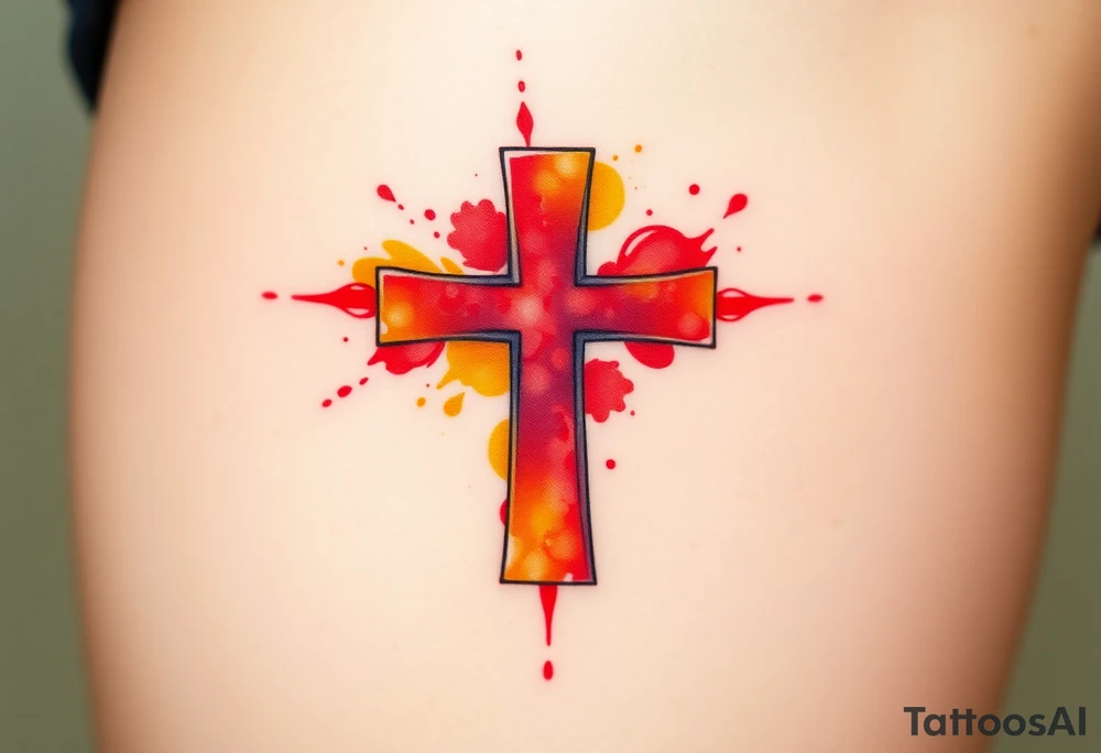 A watercolor-style Maltese cross in splashes of deep red, orange, and yellow, creating a vibrant artistic effect. tattoo idea