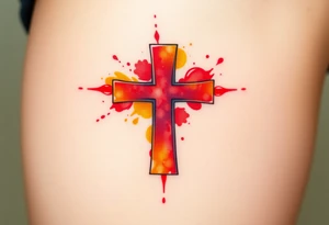 A watercolor-style Maltese cross in splashes of deep red, orange, and yellow, creating a vibrant artistic effect. tattoo idea