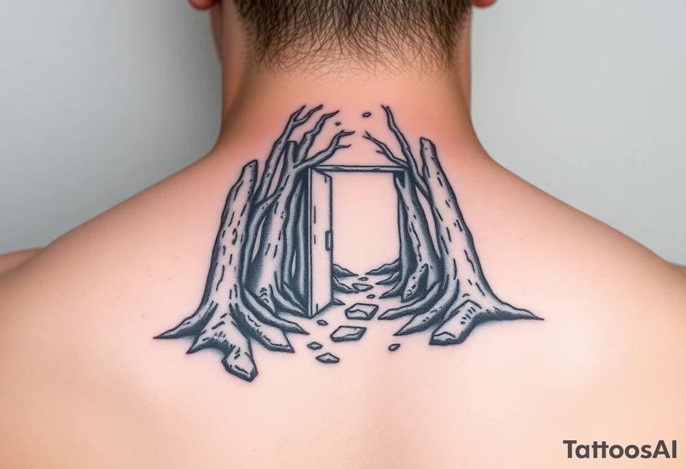 A wooded area with a doorway that is slightly ajar, leading to space tattoo idea