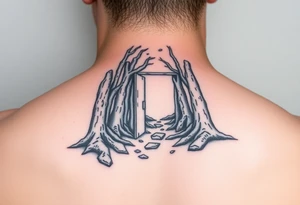 A wooded area with a doorway that is slightly ajar, leading to space tattoo idea