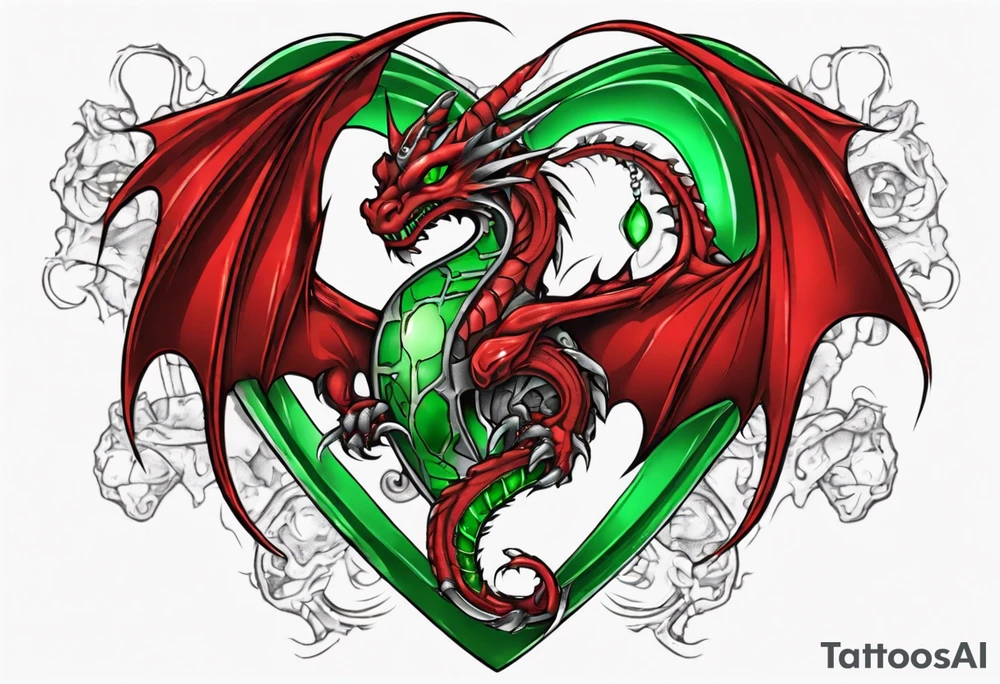 red dragon with green-stone heart tattoo idea
