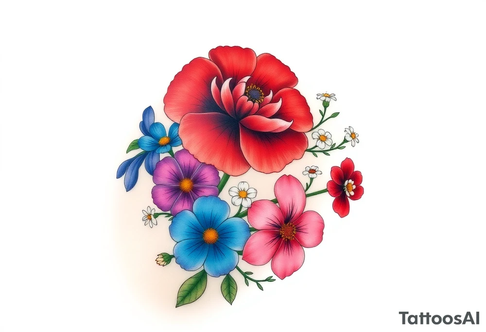 Upper left arm, wrapping slightly from the shoulder to the mid-upper arm, ending at the natural mid-arm curve.

Top center: Large red carnation
Left side: Purple pansy above a blue cosmos flower
Right side: Pink cosmos above a red cosmos
White flowers:
3 between the purple and blue flowers
2 below the pink/red flowers
3 on the branch extending from the right side of the carnation
2 on a branch connecting from the right side of the carnation to the top of the purple pansy
(bouquet)
Neo-Traditional with Realism influence
Bold, clean black outlines
Flat, rich color gradients
Realistic flower detailing: natural petal texture, realistic shading, and depth
Flowing, realistic green branches and leaves
Fine black dots and small line accents
Small gold star next to the top red carnation

 brown skin tone tattoo idea