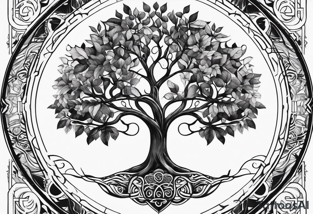 create a tree of life fusing with the tree of knowledge. tattoo idea