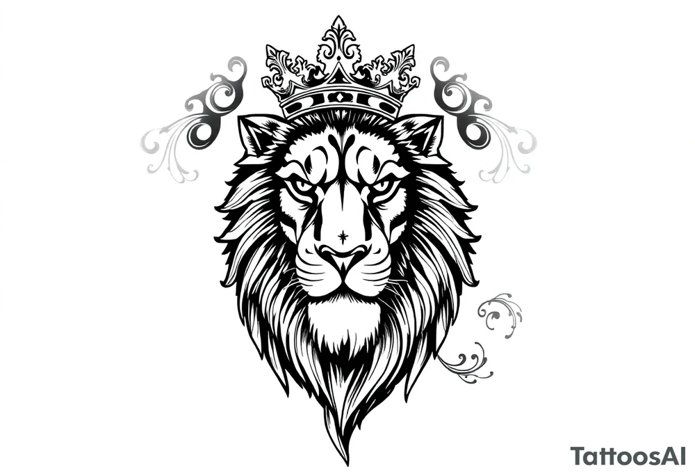 majestic lion wearing ornate crown, surrounded by baroque flourishes tattoo idea