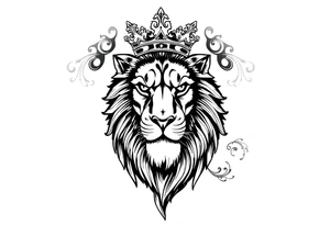 majestic lion wearing ornate crown, surrounded by baroque flourishes tattoo idea