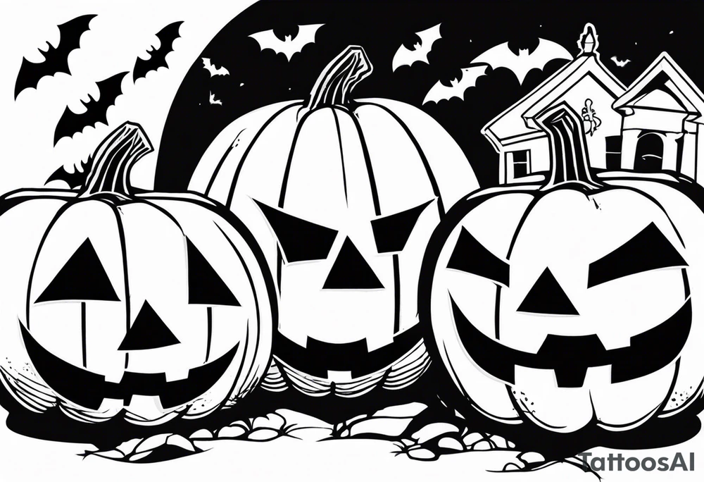 evil jack-o-lanterns on human heads with bats in caves and penny wise in the background cemetary payground tattoo idea