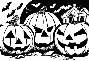 evil jack-o-lanterns on human heads with bats in caves and penny wise in the background cemetary payground tattoo idea