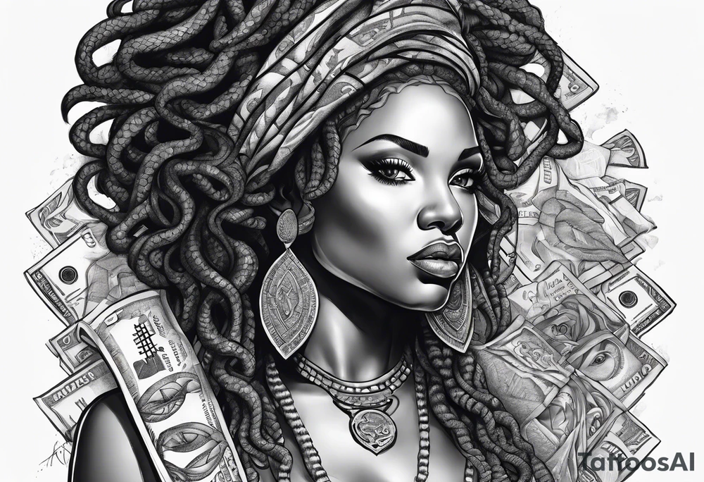 African medusa with money tattoo idea