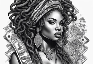 African medusa with money tattoo idea