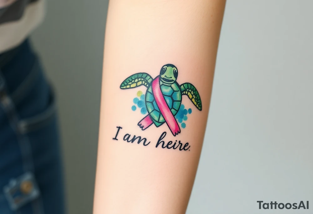 ‘I am here’ with breast cancer pink ribbon as I with Hawaiian theme sea turtle tattoo idea