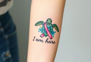 ‘I am here’ with breast cancer pink ribbon as I with Hawaiian theme sea turtle tattoo idea