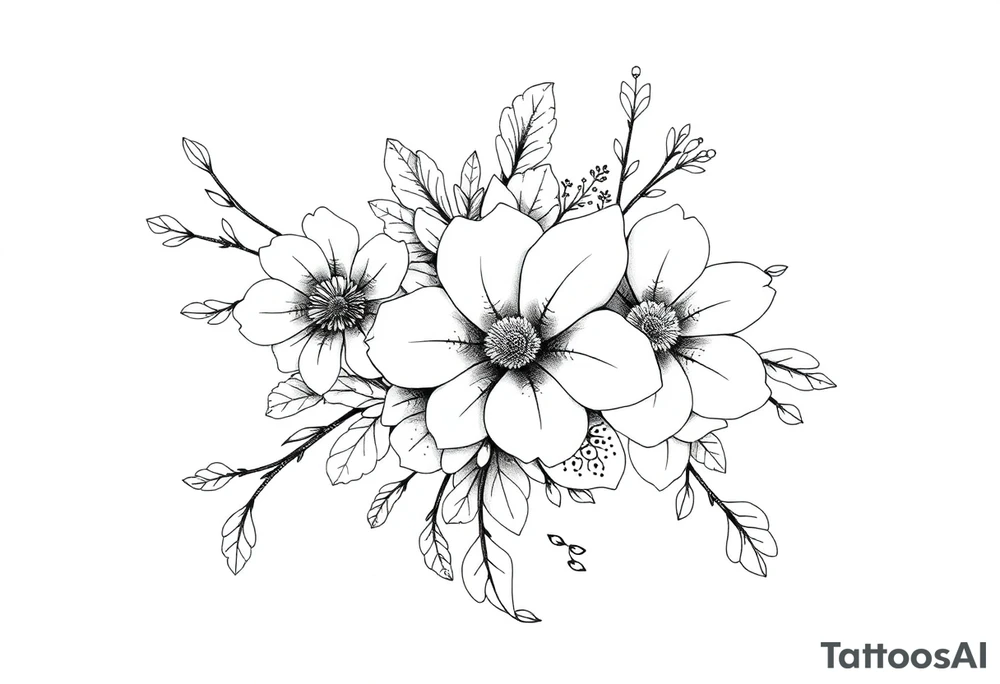 floral composition for sleeve with japanese vibe, mutiple ornemental patern and leaf, dot geometric ornement, lycoris tattoo idea