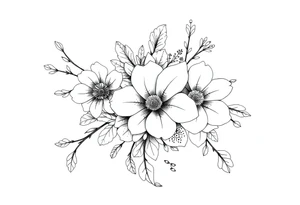 floral composition for sleeve with japanese vibe, mutiple ornemental patern and leaf, dot geometric ornement, lycoris tattoo idea