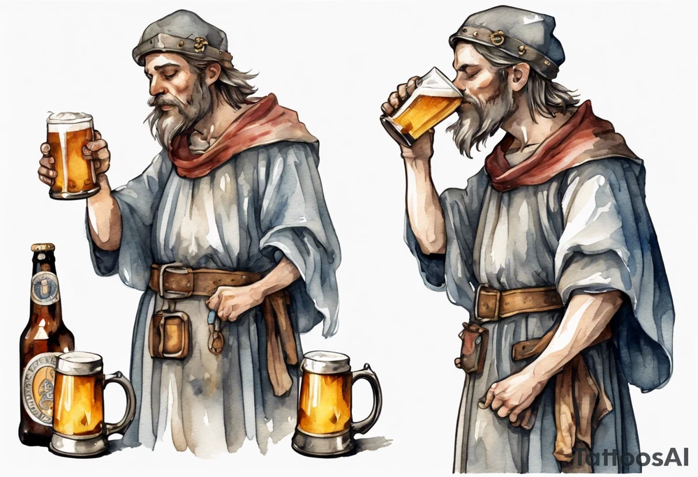 a medieval adlet wearing a tunic and drinking from a pewter mug of beer tattoo idea