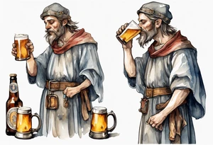 a medieval adlet wearing a tunic and drinking from a pewter mug of beer tattoo idea