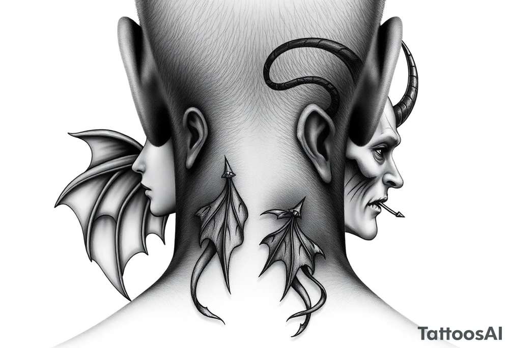 position behind the neck Angel (on the right) whispering in the right ear, demon (on the left) whispering in the left ear. It must be as realistic as possible. tattoo idea