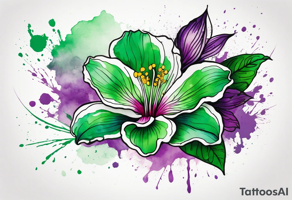An outline of a green rio dipladenia flower and a green and purple watercolor splash in the background tattoo idea