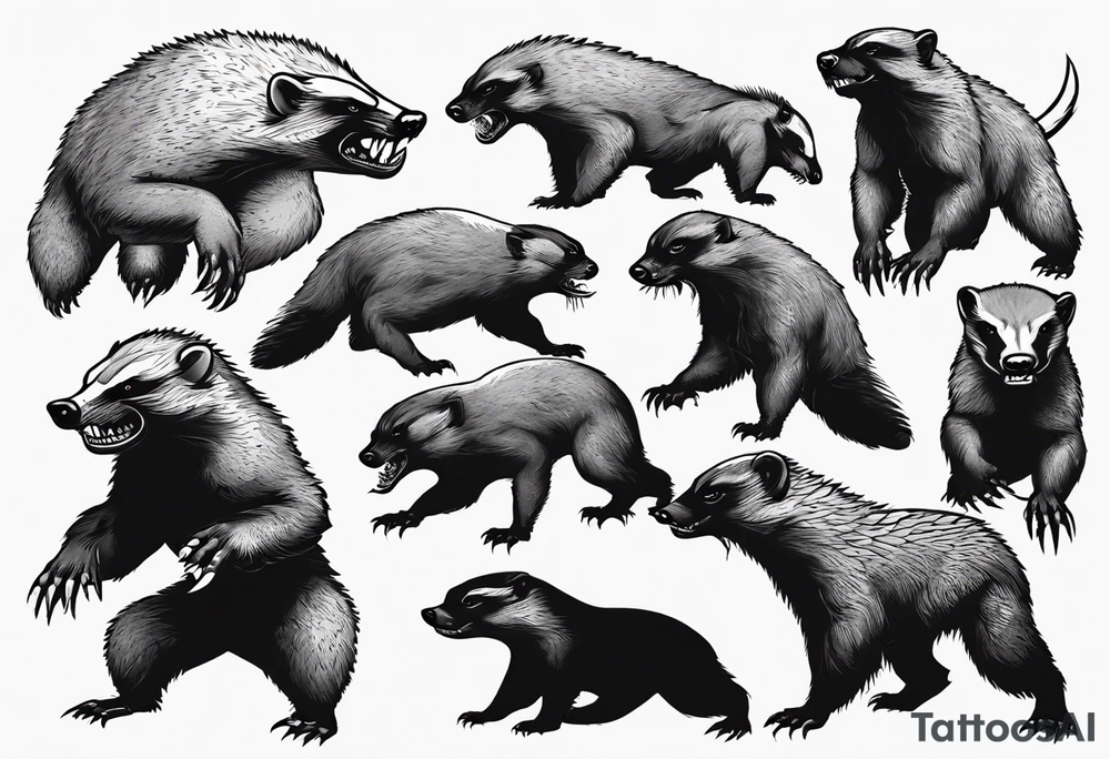 Angry, snarling, detailed full-length honey badger with numerous cuts tattoo idea