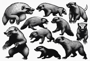 Angry, snarling, detailed full-length honey badger with numerous cuts tattoo idea