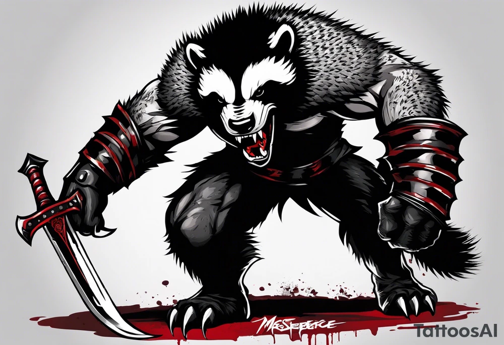 Draw me psychopath Honey Badger/Berserker/Assassin with aggressive full body, killer face with a scary smile, very long nails and he attacks like a Bloody Assassin/Warrior/Gladiator to us and also, he has very deadly looking. He fights with his nails only. Everybody scares after their first sight. Give me horror type Badger Tattoo. I want to see his Realistic full body with no weapons. You can show destruction at the back. tattoo idea
