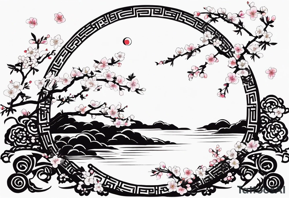 kanji leter for shadow inside half circle with small cherry blossoms tattoo idea