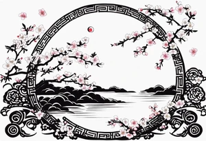 kanji leter for shadow inside half circle with small cherry blossoms tattoo idea