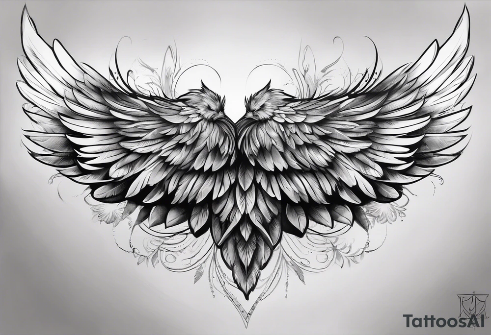 wings extending from a mens shoulders, covering the upper arms and upper back. The feathers are intricately detailed, with soft shading in black and gray to create depth and texture. The wings gently converge in the middle of the back, forming a harmonious and cohesive design. tattoo idea