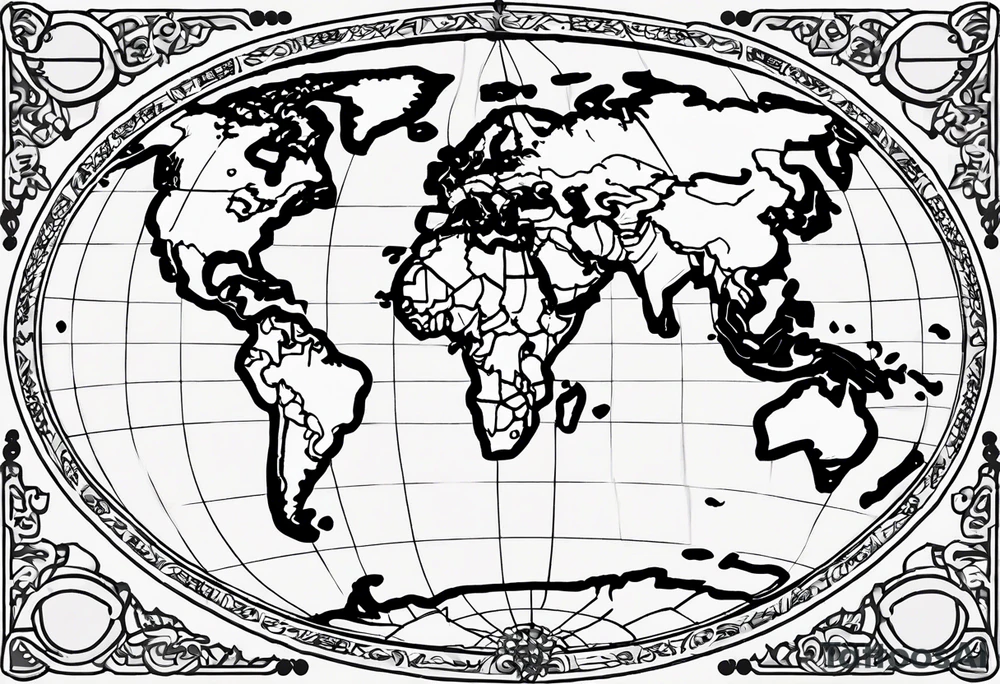 the earth on a flat map with no shading placed on a grid with only the lines with accurate depictions of the borders in countries while having it in an oval/circular position on a grid without any borders on the sides while having the countries not have such bold borders tattoo idea