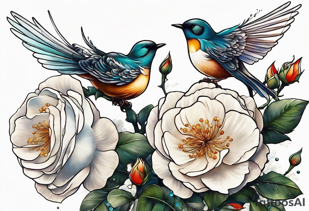 Two birds sitting on a stem of White roses with another bird flying in to land on stem tattoo idea