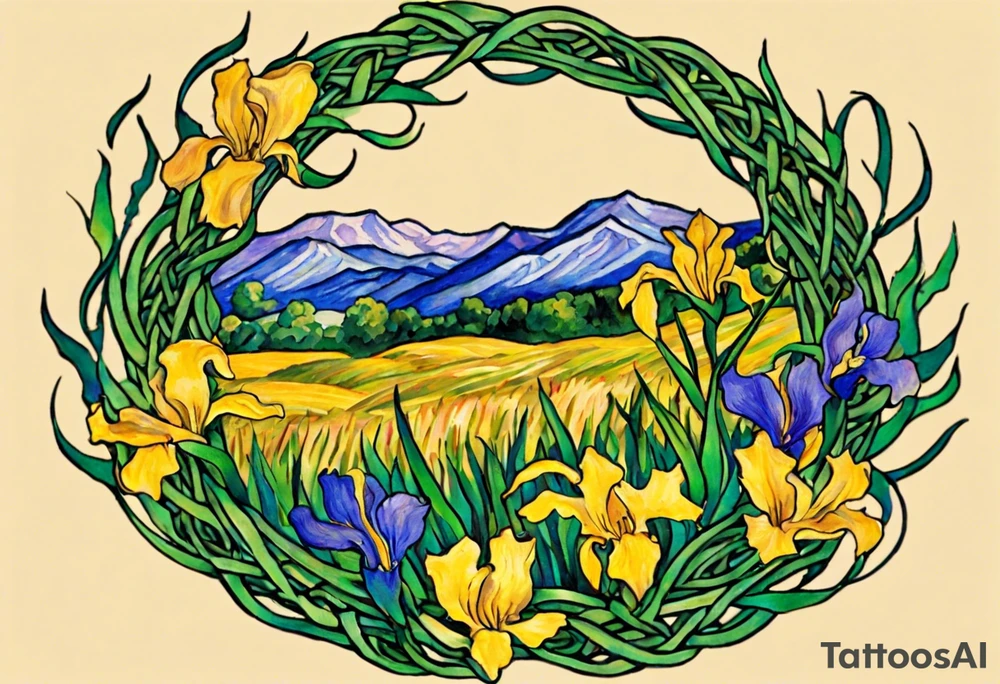 Create a small colorful Vincent van Gogh Irises tattoo in the form of a crescent, with vines or Celtic knots gracefully intertwining at a central point in the middle of the wreath.  In the middle of the wreath are mountains and other items found in New Mexico. Ensure that the design avoids the appearance of a bush and maintains a more structured and deliberate arrangement. The intended placement is on the upper chest. The overall design should be small in size while maintaining a delicate and artistic aesthetic. Pay attention to the graceful flow of the vines and the placement of the irises to achieve a refined and elegant look. tattoo idea