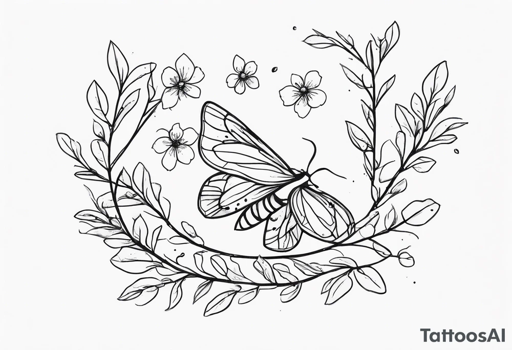 Winding branches and leaves and tiny flowers with a small moth tattoo idea