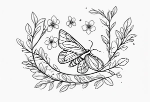 Winding branches and leaves and tiny flowers with a small moth tattoo idea