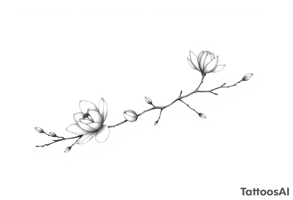 Magnolia branch long with different half opened flowers, botanical details tattoo idea