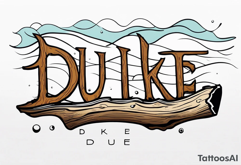 piece of driftwood underwater with the word duke written in the wood tattoo idea