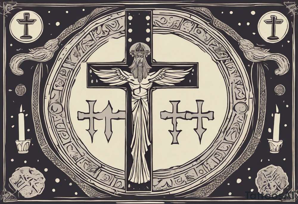 A medieval cross with an assyrian flag in the middle. A crown om top of the cross. The assyrian king Sennacherib. A sun and a moon. A cloud with rain and thunder. charizard. an imperfect cirkle. a candle. a swan. lemons. the god asshur with wings. an ankh. angel wings with a halo. surrounded by olive branches and feathers. tattoo idea