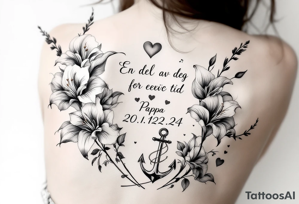 «En del av deg for evig tid
Pappa 20.12.24» Surrounded by long gladiolus, hearts, notes and an anchor tattoo idea