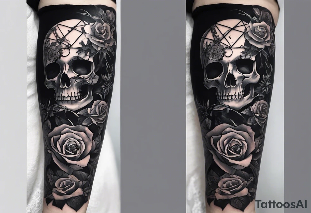 A sleeve tattoo whose elements seem to be connected into one story. Elements on the tattoo: a skull with a rose sticking out of the eye, plants, a girl’s face turning into roots, a destroyed old chain, a broken sword, a butterfly and you can add some connecting elements tattoo idea