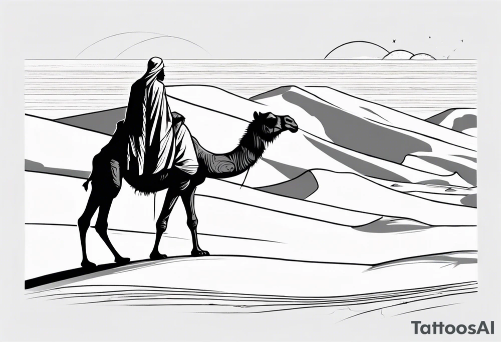 Design a tattoo showcasing a vast desert landscape with low, undulating sand dunes. Feature a man walking alongside his camel, both resilient against the harsh environment, the man covering his face with a long cloth for protection. tattoo idea