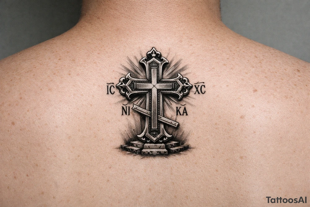 powerful serbian orthodox cross for ribs that later on can have children names incoportated later on, 15-25cm in height and with intricate details
 and black and grey fine detail


show more options tattoo idea