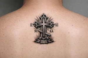 powerful serbian orthodox cross for ribs that later on can have children names incoportated later on, 15-25cm in height and with intricate details
 and black and grey fine detail


show more options tattoo idea