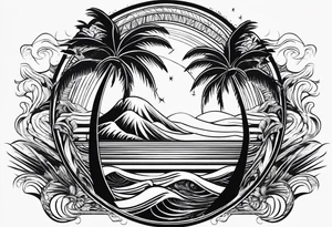 palm tree front of a sun and waves tattoo idea