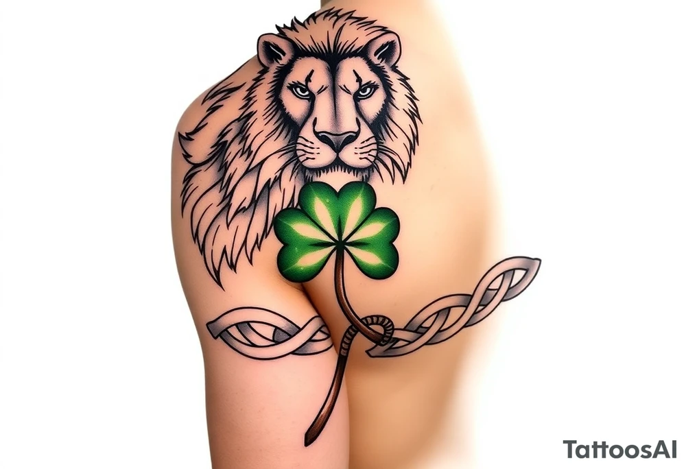 Create a men's Celtic warrior half-sleeve tattoo featuring a mighty, majestic face-forward lion at the top of the shoulder. Extend the bottom of the lion's mane to create open and shaded Celtic knots that travel down the arm. Add a hyper-realistic Celtic shamrock with green peridot jewel petals and an organic stem. Continue the knots to intersect with a Celtic warrior armband that wraps the arm just above the elbow. tattoo idea