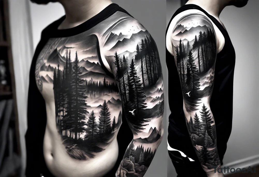 Full sleeve tattoo in black and white colore. The design should include space, stars, forest, sunset, mountains, cliffs, waterfall, water, ocean, wild animals (bear, wolves, elephant), and inserts of triangles and geometric figures. I have two children – a son, Sergei (the eldest), and a daughter, Anna, who live with me and my wife. But I also have another daughter, Marianna, whom I haven't seen for a long time and eagerly await to meet. The tattoo should symbolize love and protection for my children and family, the desire to secure their future, and confidence in tomorrow. It should reflect the notion of not looking back, but always moving forward and achieving goals! tattoo idea