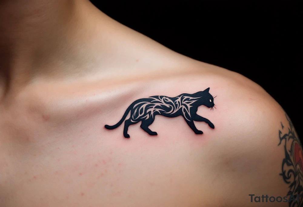 Tribal Cat Silhouette – A sharp-edged black silhouette decorated with tribal-style line work in dark gray or deep red. tattoo idea