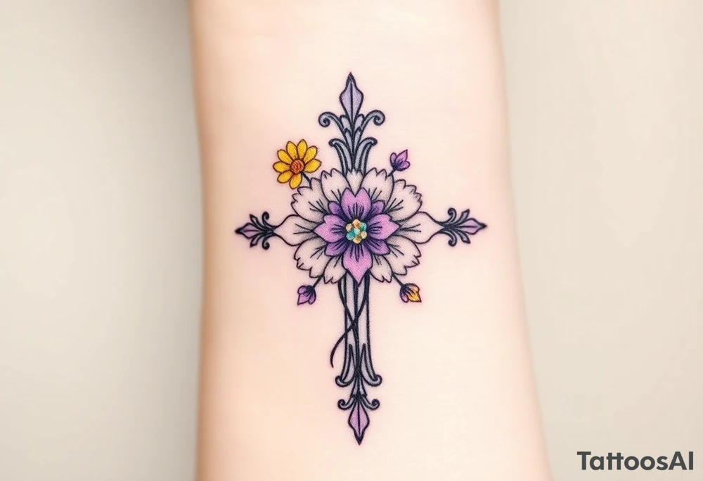 Yellow daisy Purple Hearts in heaven cross tattoo idea