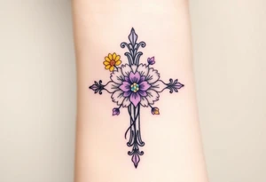 Yellow daisy Purple Hearts in heaven cross tattoo idea
