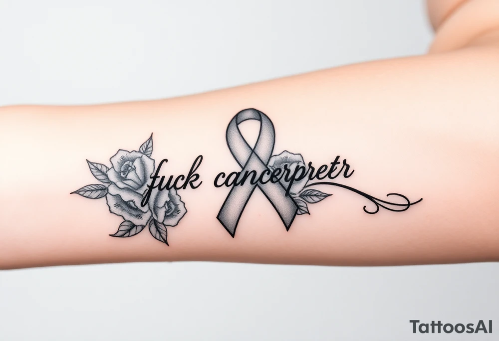 Cancer ribbon that says fuck cancer pretty with roses on arm tattoo idea