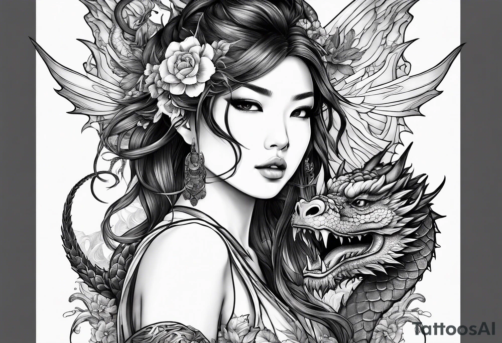 beautiful warrior nymph with dragon wings and a dragon friend tattoo idea